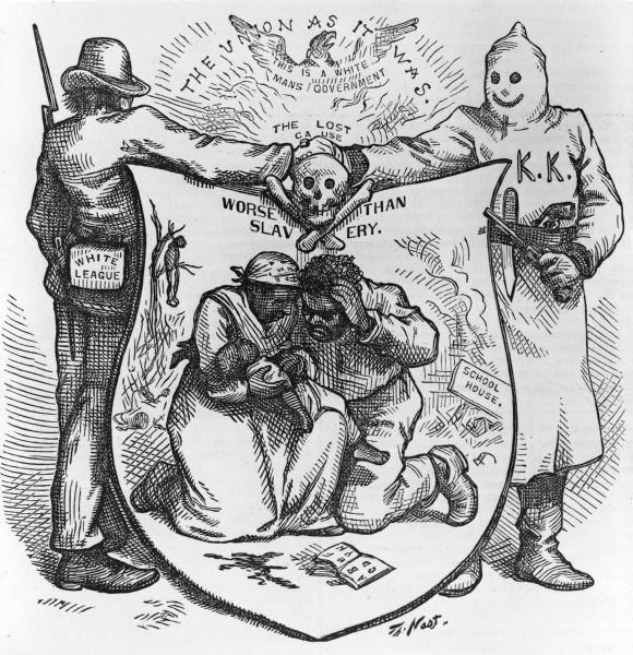 A cartoon depicting an African American family hovering beneath a Ku Klux Klansman (KKK) and a white supremacist in the Reconstruction South. There is a skull and crossbones over the heads of the family.