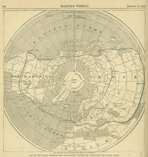 A map of the world showing telegraphic systems for encircling the globe.