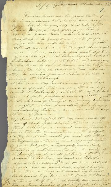 Page from the Lyman Draper manuscript regarding Governor Blacksnake.