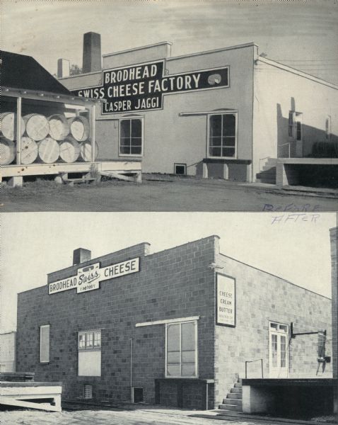 Exterior of the Brodhead Cheese Factory purchased in 1904/5 by Casper Jaggi. The two images show changes made to building after the Casper Jaggi building. The business shipped cheese in barrels, which were at first stored in the open, via railroad to Charlie Zucher of Chicago. Englebritzen mural, extended can track, ramp/boiler room, and whey tanks were added later.