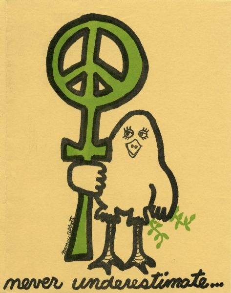 Cartoon graphic of a bird (probably a dove) holding an olive branch in one hand and a symbol that is a combination of a peace symbol and a female gender symbol in the other.