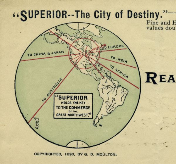 Letterhead for Moulton, Moran & Co. The logo shows North America and depicts Superior as the center of a hub with spokes going to Russia, to China and Japan, to Australia, to Africa, to India, and to Europe. It also bears the slogan, "Superior holds the key to the commerce of the Great Northwest."