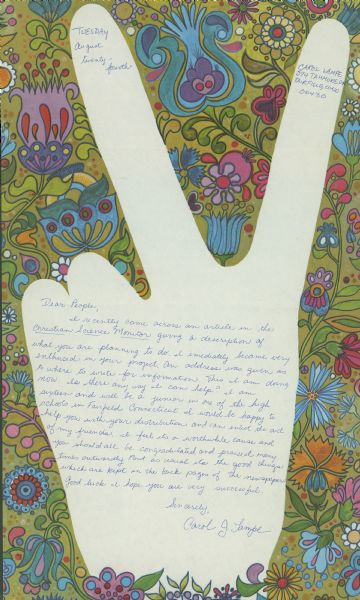 Letter from Carol Lampe of Fairfield, Connecticut to Women for a Peaceful Christmas written on colorful stationery with a writing surface in the shape of a hand making a peace sign.