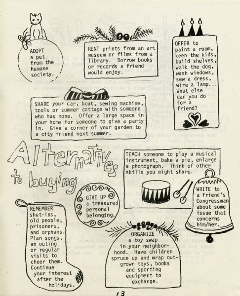 Page 13 of a booklet published by Women for a Peaceful Christmas offering alternatives to buying Christmas gifts. The page is decorated with several Christmas symbols including a stocking, a bell, holly, and ribbon.