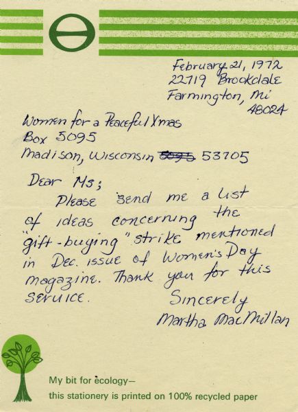 Letter from Martha MacMillan of Farmington, Michigan to the group Women for a Peaceful Christmas written on stationery bearing an Earth Day logo.