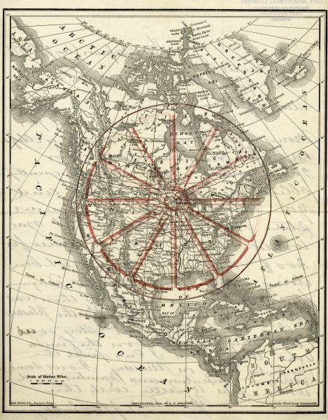 Rand, McNally map of North America enhanced to show Superior as the center of a wheel. The image was used on the back of stationery from City Improvement Company of West Superior, Wisconsin.