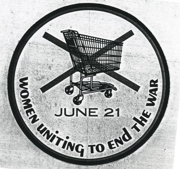 Logo for Women Uniting To End the War consisting of a shopping cart with an X over it.