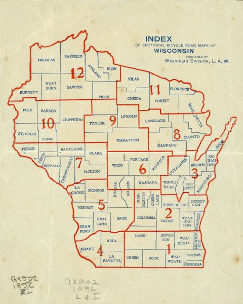 This map shows 12 sections of bicycle road maps. Sections and number are in red, counties are in blue.