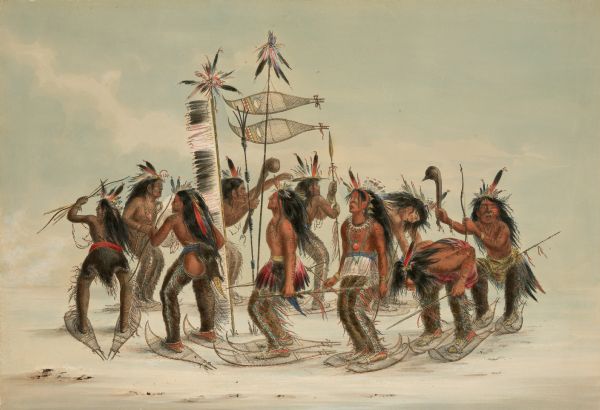 Indian dance on snowshoes. (Plate 14).<p>"In the northern latitudes of America, where the winters are long and very severe, from the heavy falls of snow which accumulate for three or four months of the year, the Indians have very ingeniously constructed a large but light frame, with a fine webbing made of small thongs of raw hide, which is worn under the foot, buoying them up, and enabling them to run upon the surface of the snow without sinking into it. This ingenious contrivance enables them to move about in the dead of winter, gaining food for their families, which would otherwise be exceedingly difficult for them to do. These dresses for the feet they call show shoes, and as they enable them to overtake the heavy animals and shy them with great ease, their hunting facilities are materially increased by an accumulation of snow; and at its first appearance they must need celebrate the joyous event by a dance, accompanied with a song of thanks to the Great Spirit."</p>