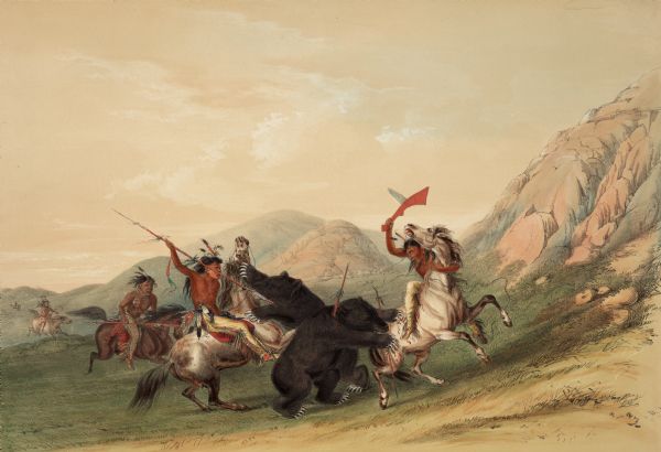 Indians on horseback trying to kill a bear (Plate 19).<p>"The preliminaries of the hunt for the Grizzly Bear having been settled in the manner described in the preceding plate, and the traces of the animal having been followed up by the party until they are in sight of the game, they are at once in action, as in the present illustration, without the trouble and fatigue of a long and desperate race, from the necessity of which they are exempted by the habits of the animals, themselves always on their hunts, and so indiscriminate as to the kind of game that may fall in their way, that they are ready to pounce upon Man as well as Beast, and are sure to meet him half way. The Grizzly Bear is often killed weighing nearly a thousand pounds; and from the great difficulty of penetrating its vital parts with the arrow, the lance is generally used, as in the present instance; and instead of running by its side, as in the case of the parts buffalo, the hunter is met, and that in an awkward position for giving the fatal blow with the lance, unless by stratagem, which is generally resorted to; exciting the animal to make its rush upon one horse, when the nearest horseman dashes by it, and driving his lance into its side, invites the animal's fury upon himself; and as it turns its exposed side, receives another and another blow, until by a succession of these stratagems and deadly thrusts, with all its huge strength and tenacity of life, it falls, though a dear-bought victim to its pursuers, as in the present illustration."</p>