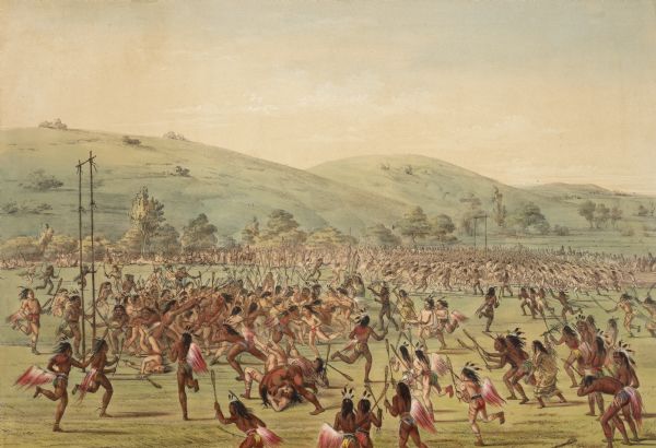 Large group of Indians engaged in the game of lacrosse (Plate 23).<p>"Having in the two former illustrations and their chapters, explained to the readers the costume and preliminaries of the Ball-play, I here introduce them to the ball-play ground, where five of six hundred youths, with chastened and oiled limbs, and with empty stomachs, as I have described are met upon the ground and actually engaged in the play. At the hour of the morning designated for the commencement of the play, the young men, having completed their dancing, appeared on the ground, each with the ball-sticks in his hangs, and in all other respects prepared for the play, which commenced, but nine o'clock, by the old men, the judges of the play, throwing up the ball, at the firing of a gun, exactly at the point half-way between the two byes, around which were stationed an equal number of players from each side, who instantly commenced the scuffle for the ball as it descended; each party endeavoring to catch it between their ball-sticks and to throw it through their own goal, which, when successfully done, counted one for the game."</p>