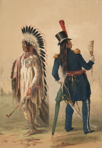 A portrayal of the effects of contact with whites on the Assiniboine chief, Wi-Jun-Jon.<p>(Plate 25). "In offering this illustration to the reader, I am representing to him a faithful delineation of the resemblance of an Assiniboine Warrior, in the flowing and classic costume of his country, as he appeared on his way to the city of Washington, faithfully contrasted with the uncouth plight in which he returned to his tribe the next season, after one year's teaching in the school of civilization: and in the following narrative a faithful account of its melancholy and fatal results. Wi-Jun-jon, the pigeon's Egg Head, was a warrior of the Assiniboine's, young, proud, handsome, valiant, and graceful. He had fought many battles and won many laurels. The numerous scalps from his enemies' heads adorned his dress, and his claims were fair and just for the highest honors that his country could bestow upon him, for his father was head chief of the nation. This young Assiniboine, the Pigeon's Egg Head, was selected by Major Sanford, the Indian agent, to represent his tribe in a delegation which visited Washington city under his charge, in the winter of 1832. With this gentleman the Assiniboine, together with representatives of several others of those North-western tribes, descended the Missouri river several thousand miles on their way to Washington."</p>