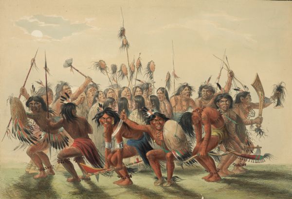 "The Scalp Dance is given as a celebration of a victory; and amongst this tribe, as I learned whilst residing with them, danced in the night, by the light of their torches, and just before retiring to bed. When a war party returns from a war excursion, bringing home with them the scalps of their enemies, they generally 'dance them' for fifteen nights in succession, vaunting forth the most extravagant boasts of their wonderful prowess in war whilst they brandish their war weapons in their hands." (Plate 27)