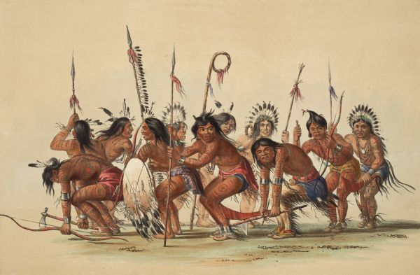 Group of men engaged in a war dance. They hold spears, axes, and bows. (Plate 29)