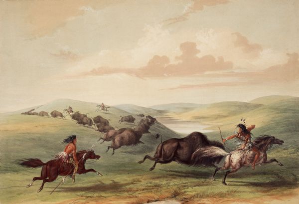 North American Indians on horseback during a buffalo hunt. "In [this plate], I have represented a party of Indians in chase of a herd, some of whom are pursuing with lance and others with bows and arrows. The group in the foreground shews the attitude at the instant after the arrow has been thrown and driven to the heart; the Indian at full speed, and the laso dragging behind his horse's heels. The laso is a long thong of rawhide, of ten of fifteen yards in length, made of several braids or twists, and used chiefly to catch the wild horse, which is done by throwing over their necks a noose with is made at the end of the laso, with which they are `choked down.'" (Plate 30)