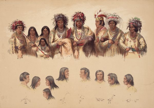 Group portrait of North American Indians. Portraits of the O-Jib-Be-Ways, and individual portraits, one smoking a pipe. Symbols corresponding to individuals are similes of each man's Totem or signature. Catlin's descriptions and translations are as follows. "1.) An-que-wee-zaints, the boy chief. 2.) Pat-au-ah-quat-a-wee-be, the driving cloud, war Chief. 3.) Wee-nish-ka-wee-be, the flying Gull. 4.) Sah-man, tobacco. 5.) Gish-e-gosh-gee, the moon light night. 6.) Not-een-a-akm, strong wind, interpreter. 7.) Wos-see-ab-e-neuh-qua, woman. 8.) Nib-nab-e-qua, child. 9.) Ne-bet-neuh-qua, woman."  (Plate 31)