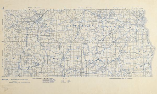 Section 1 of 12, this bicycle road map features Wisconsin bicycle routes in the counties of Dane, Jefferson, Waukesha, Milwaukee, Green, Rock, Walworth, Racine, and Kenosha.