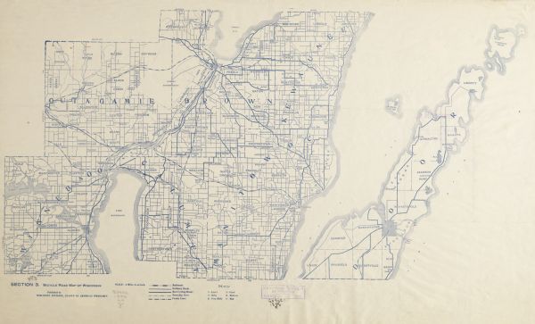 Section 3 of 12, this bicycle road map features Wisconsin bicycle routes in the counties of Winnebago, Calumet, Manitowoc, Outagamie, Brown, Kewaunee, and Door.
