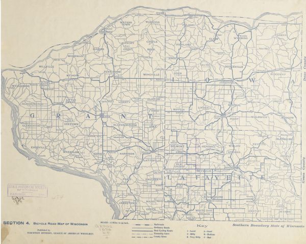 Section 4 of 12, this bicycle road map features Wisconsin bicycle routes in the counties of Iowa, Grant, and La Fayette.