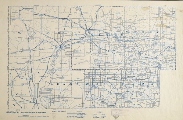 Section 6 of 12, this bicycle road map features Wisconsin bicycle routes in the counties of Wood, Portage, Waupaca, Washara, Juneau, and Adams.