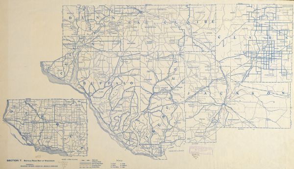 Section 7 of 12, this bicycle road map features Wisconsin bicycle routes in the counties of Pierce, Pepin, Dunn, Eau Claire, Trempealeau, Jackson, and Clark.