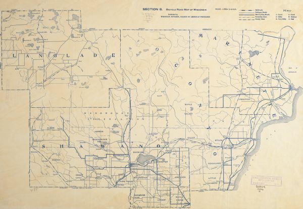 Section 8 of 12, this bicycle road map features Wisconsin bicycle routes in the counties of Langlade, Shawano, Oconto, and Marinette.