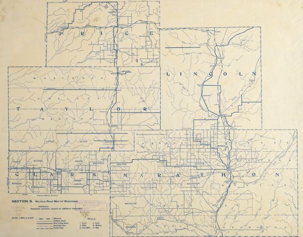 Section 9 of 12, this bicycle road map features Wisconsin bicycle routes in the counties of Taylor, Marathon, Lincoln, and Price.