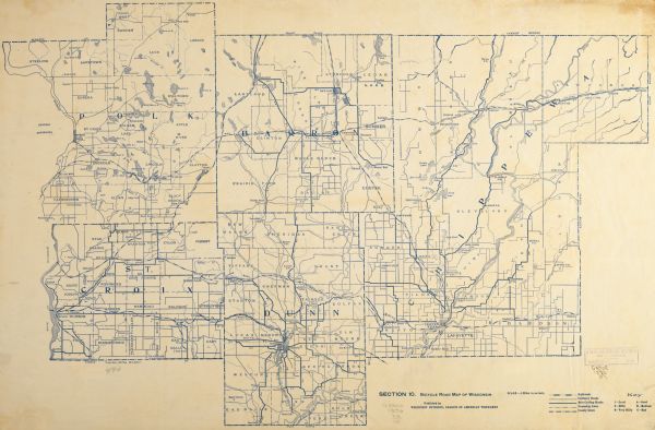 Section 10 of 12, this bicycle road map features Wisconsin bicycle routes in the counties of Polk, Barron, Chippewa, St. Croix, and Dunn.