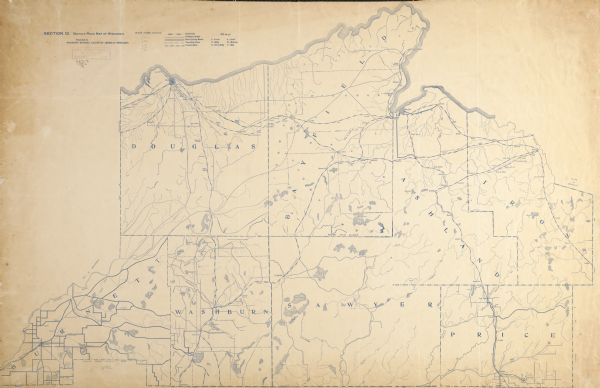 Section 12 of 12, this bicycle road map features Wisconsin bicycle routes in the counties of Douglas, Bayfield, Burnett, Washburn, Sawyer, Price, Ashland, and Iron.