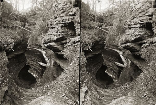 Stereograph image looking down into Rood's Glen. A rowboat is in the glen on the mirrored surface of the water.