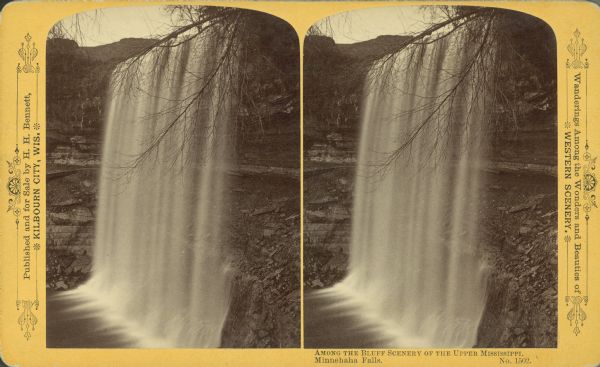 Stereograph of Minnehaha Falls during summer. Text at right: "Wanderings Among the Wonders and Beauties of Wisconsin Scenery."