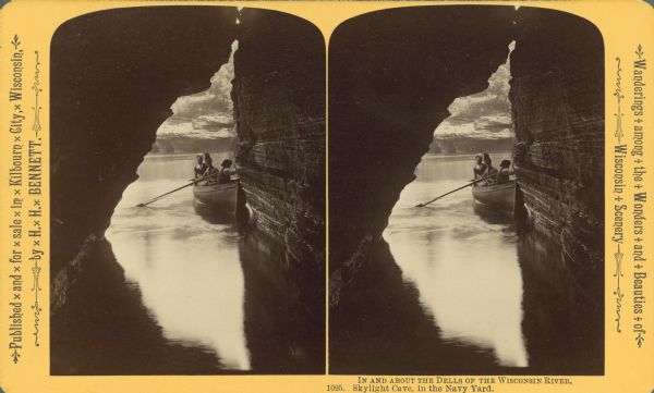 Stereograph though Skylight Cave (in the Navy Yard) of three people in a rowboat.