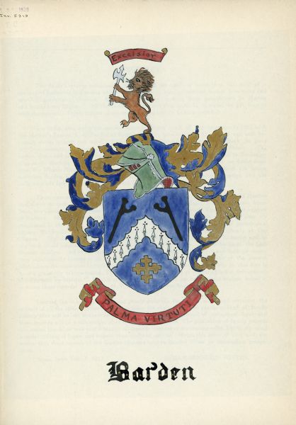 The coat of arms for the Barden family featuring a lion at the top of the design. A banner in the design reads "Palma Virtuti."