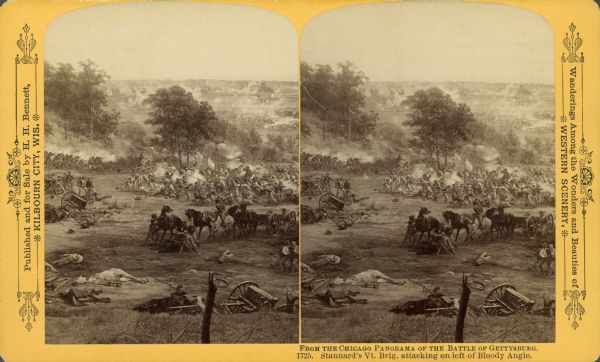 Stereograph from the Chicago Panorama of the Battle of Gettysburg Representing Pickett's Charge at 4 P.M., July 3rd, 1863: Stannard's Vermont Brigade Attacking on Left of Bloody Angle, a section of an oil painting of the Cyclorama of Gettysburg by French artist Paul Dominique Philippoteaux. From Bennett's series "Wanderings Among the Wonders and Beauties of Western Scenery."