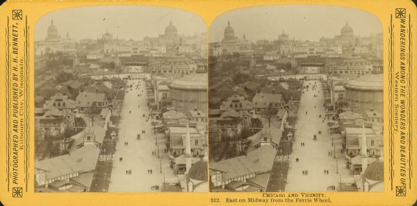 Stereograph of elevated view of the midway of the Chicago World's Fair from the Ferris wheel.