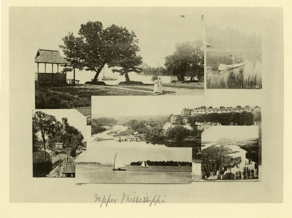 Collage of scenes on the upper Mississippi River, including people canoeing and sailing on the river.