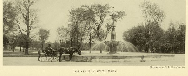 A man has stopped his carriage at the fountain in South Park so his horse can drink water. A woman sits beside the driver, and a young boy stands behind the carriage.