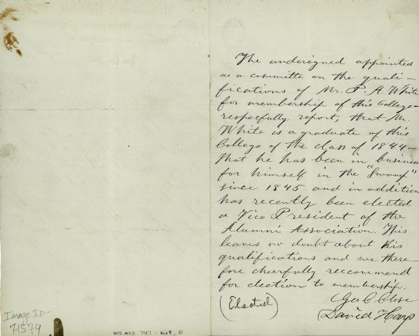 A written request for membership for Charles H. Klippert and Philip Kuhles into the College of Pharmacy in New York.