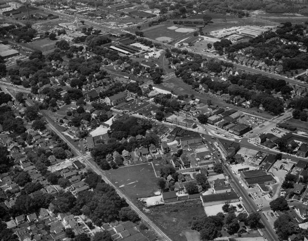Aerial view of Schenk's Corners where Atwood Avenue and Winnebago Street cross, looking north east.
