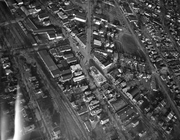 Aerial view of Schenk's Corners looking east showing the intersection of Atwood Avenue and Winnebago Street.