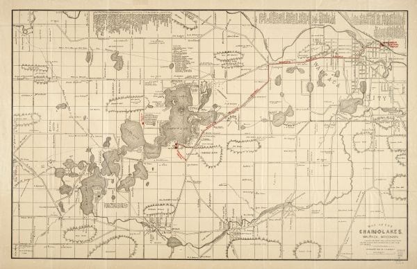 A map of the Chain-O-Lakes in Waupaca, including Indian trails. The path of the Waupaca Electric Railway from the Grand View Hotel to the Wisconsin Central Depot is highlighted in red.