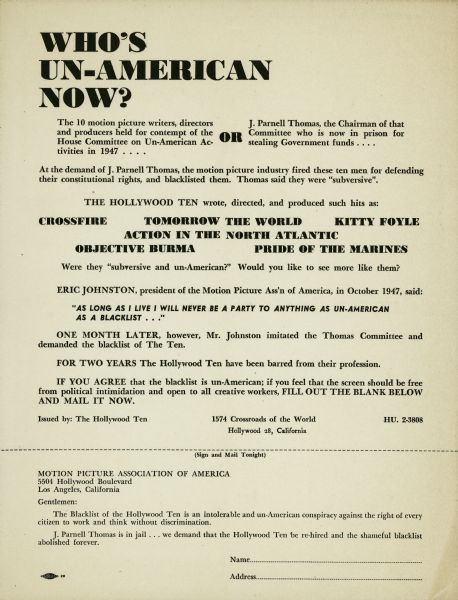 A flyer titled "Who's Un-American Now?" regarding the blacklisting of the Hollywood Ten.