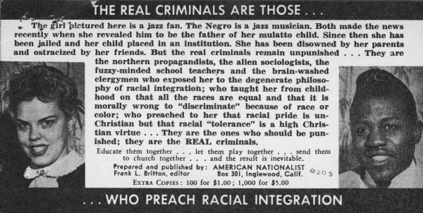 Advertisement picturing a white woman and an African American man with the title "The Real Criminals Are Those Who Preach Racial Integration."