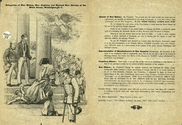Delegation of war-widow, war-orphans, and maimed war-heroes at the White House, Washington, D.C., appealing to President Wilson for an "embargo on all war supplies" to help end World War I. An artistic representation by M. Trapp, printed on onion-skin paper.