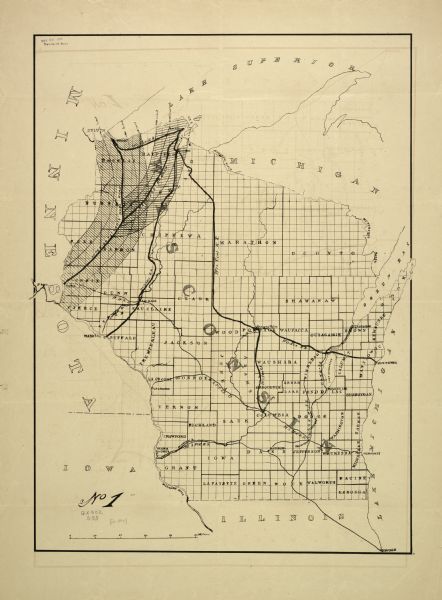 A Wisconsin map showing the Wisconsin Superior and St. Croix Railroad.