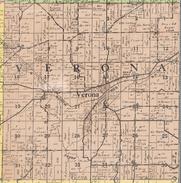 The Verona township, a detail of the Dane County, Wisconsin map of land ownership.