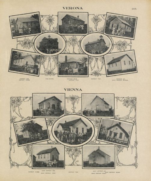 A decorative page with photographs of school buildings in the township of Verona and Vienna. Some of the photographs have groups of students with their teachers posed outdoors near the front entrance.