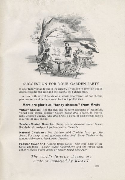 Advertisement promoting Kraft cheese as a picnic food for visitors to Kraftwood Gardens. The advertisement is on the inside back cover of <i> A guide to Kraftwood Gardens</i> and features a drawing of people relaxing outdoors around tables with beverages and a tray of food.