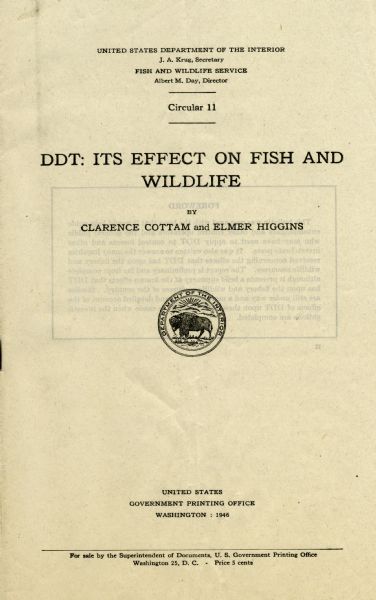 Cover of United States Department of the Interior Circular 11 entitled <i>DDT: Its Effect on Fish and Wildlife</i> by Clarence Cottam and Elmer Higgins. The cover bears the seal of the Department of the Interior, a bison standing in the foreground with the sun shining over a mountain range in the background.