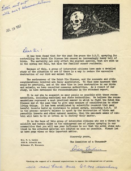 Letter from Mrs. F.L. "Dixie" Larkin of Milwaukee, Wisconsin, to The Wisconsin Conservation Department regarding the use of DDT to control Dutch Elm Disease. The letterhead features a drawing of a skull and several birds on a branch in the rain.